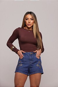Short Jeans Feminino Cintura Alta Com Bordado De Cavalo - Pecuária