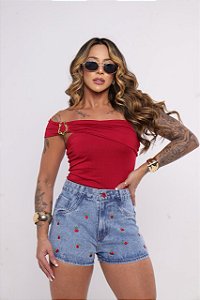 Short Jeans Bordado de Cereja Cintura Alta com Barra – 100% Algodão