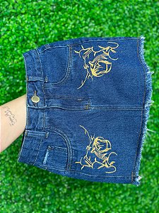 Saia Jeans Azul Desfiada com Bordado Country – Cintura Alta | 100% Algodão