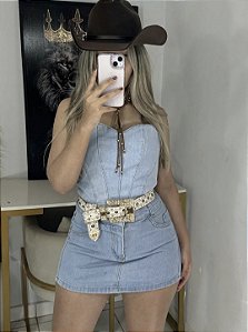 Conjunto Short Saia Cintura Alta e Corset Jeans Lavagem Clara - 100% Algodão