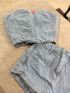 Conjunto Short Saia Cintura Alta e Corset Jeans Lavagem Clara - 100% Algodão