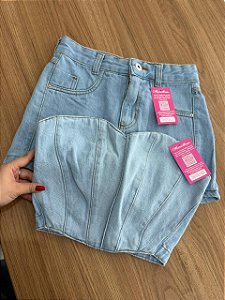 Conjunto Short Saia Cintura Alta e Corset Jeans Lavagem Clara - 100% Algodão