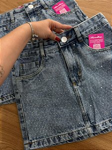 Saia Jeans Marmorizada Cintura Alta Com Barra e Aplicação de Strass | 100% algodão - Sem Elastano