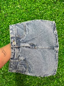 Saia Jeans Marmorizada Cintura Alta Com Barra  | Curta | 100% algodão - sem elastano