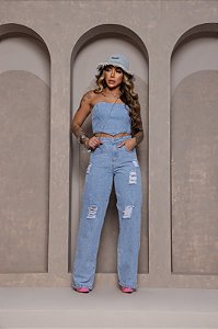 Calça Feminina Wide Leg Jeans lavagem marmorizada com Detalhe Destroyed e Cós Alto | Sem elastano