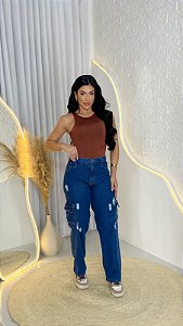 Calça Feminina Wide Leg Cargo Jeans Escura com Rasgos Cos Alto | Sem elastano