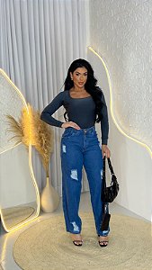 Calça  Feminina Wide Leg Jeans Escura com Rasgos Cos Alto   | Sem elastano