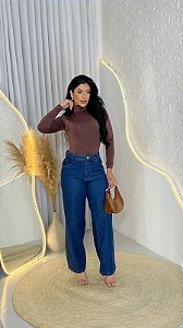 Calça Feminina Wide Leg Jeans Escura Lisa Cós Alto | Sem Elastano