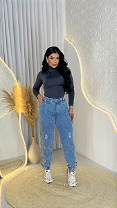 Calça Jeans Feminina Mom Marmorizada – Cós Alto com Detalhe de Botão na Barra | 100% Algodão (Sem Elastano)