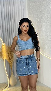 Saia Jeans Feminina Marmorizada com Bordado de Flores – Cós Alto | 100% Algodão (Sem Elastano)