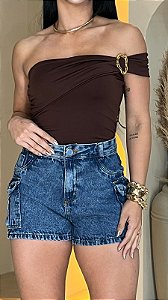 Short Jeans Cargo Feminino Marmorizado com Botões – Cós Alto | 100% Algodão (Sem Elastano)