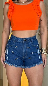 Short Jeans Feminino - Barra Desfiada e Cintura Alta - Bordado De Tucano Na Lavagem Azul  - 100% Algodão - Sem Elastano