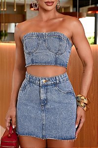 Conjunto Jeans Com Saia Cintura Alta E Cropped Corset Lavagem Marmorizada | Sem Elastano