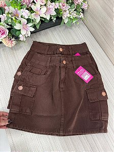 Saia Jeans Cintura Alta Cargo Marrom Com Bolsos Laterais | Sem Elastano
