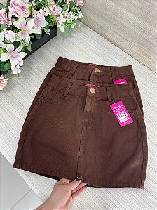 Saia Jeans Feminina Básica Marrom Cintura Alta Com Barra - Sem Elastano
