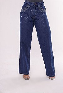 Calça Jeans Feminina Wide Leg Cintura Alta Com Aplicação de Strass Lavagem Escura | Sem Elastano