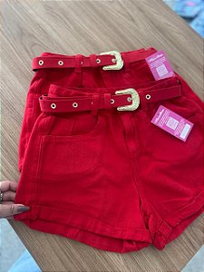 Short Jeans Feminino Vermelho MOM Cintura Alta Com Cinto Removível