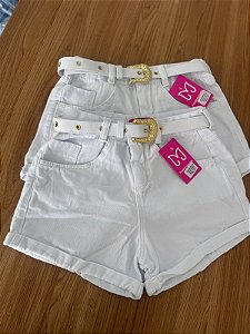Short Jeans Branco MOM Feminino Com Cinto Cintura Alta - Sem Elastano 100% Algodão