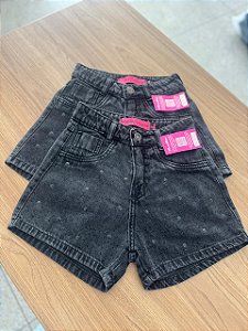 Short Jeans Feminino Cintura Alta Preto Estonado Com Aplicação Strass Preto | 100% Algodão (Sem Elastano)