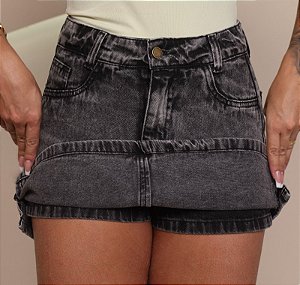 Short Saia Jeans Feminino Cintura Alta Preto Estonado Com Fenda Lateral - Sem Elastano
