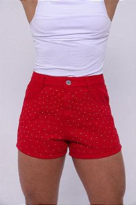 Short Jeans Feminino Vermelho Cintura Alta Com Aplicações- Sem Elastano