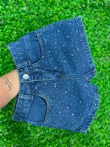 Short Jeans Feminino Cintura Alta De Barra Lavagem Azul Com Aplicação Strass