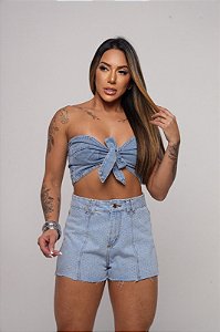 Short Jeans Feminino Cintura Alta Lavagem Clara Com Strass e Barra A Laser - Sem Elastano