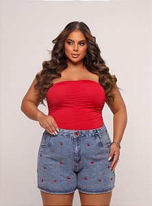 Short Jeans Feminino Plus Size Cintura Alta com Bordado de Cereja- Sem Elastano