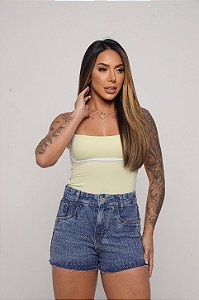 Short Jeans Cintura Alta Feminino Com Barra Recortada e Brilho | Lavagem Marmorizada| Sem Elastano