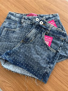 Short Jeans Cintura Alta Feminino Com Barra Recortada e Brilho | Lavagem Marmorizada| Sem Elastano