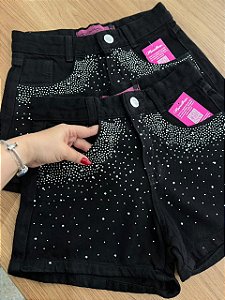 Short Jeans Feminino Cintura Alta MOM Preto com Brilho - Sem Elastano