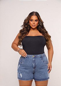 Short Jeans Feminino Plus Size Cintura Alta Marmorizado Com Barra e Destroyed- Sem Elastano