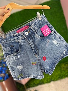 Short Jeans Cintura Alta Feminino Com Barra e Bordado Emojis Lavagem Marmorizada | Sem Elastano