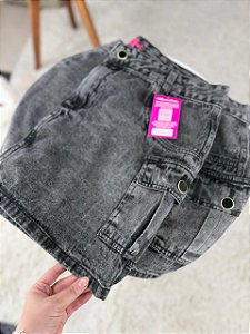 Saia Jeans Feminina Plus Size Cintura Alta Modelo Cargo - Sem Elastano