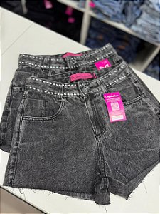 Short Jeans Cintura Alta Feminino Com Barra a Laser e Aplicações No Cós | Lavagem Estonada| Sem Elastano