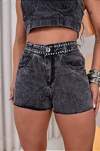 Short Jeans Cintura Alta Feminino Com Barra a Laser e Aplicações No Cós | Lavagem Estonada| Sem Elastano
