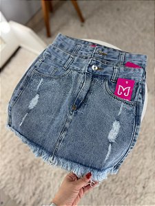 Saia Jeans Feminina Cintura Alta Lavagem Clara Com Barra Desfiada e Brilho - Sem Elastano