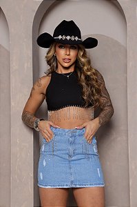 Saia Jeans Feminina Cintura Alta Lavagem Azul Clara Com Barra e Fios de Strass- Sem Elastano
