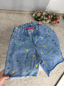 Bermuda Jeans Feminina Cintura Alta Meia Coxa Com Barra A Laser E Bordados Brasil
