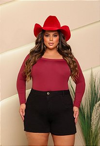 Short Jeans Preto Plus Size Feminino Cintura Alta Com Barra | Botão Dourado | Sem Elastano