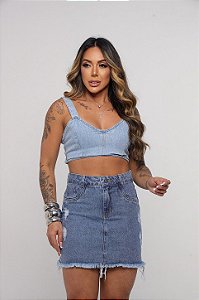 Saia Jeans Tradicional Com Barra Desfiada E Detalhes Destroyed Lavagem Clara | Sem Elastano