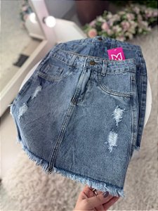Saia Jeans Tradicional Com Barra Desfiada E Detalhes Destroyed Lavagem Clara | Sem Elastano
