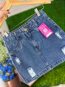 Saia Jeans Feminina Cintura Alta Lavagem Escura Com Barra e Detalhes Destroyeds - Sem Elastano