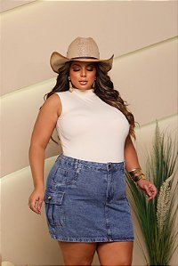 Saia Cargo Jeans Feminina Plus Size Cintura Alta Marmorizada Com Botões - Sem Elastano