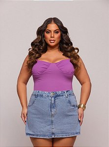 Short Saia Jeans Feminino Plus Size Cintura Alta na Lavagem Marmorizada I 100% Algodão - Sem Elastano