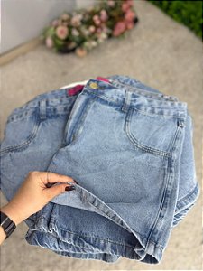 Short Saia Jeans Feminino Plus Size Cintura Alta na Lavagem Marmorizada I 100% Algodão - Sem Elastano