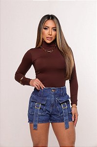 Short Jeans Cargo Feminino Cintura Alta com Fivela - Sem elastano