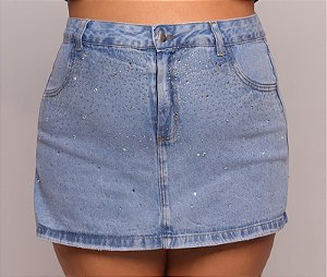 Short Saia Jeans Feminino Plus Size Cintura Alta Com Strass Lavagem Marmorizada - Sem Elastano