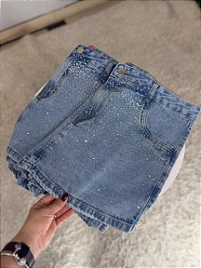 Short Saia Jeans Feminino Plus Size Cintura Alta Com Strass Lavagem Marmorizada - Sem Elastano