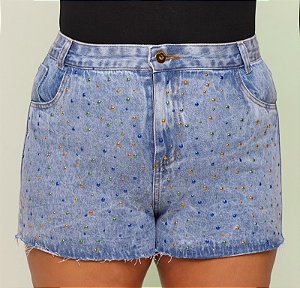 Short Jeans Feminino Plus Size Cintura Alta Barra A Laser Com Aplicações Brasil - Sem Elastano